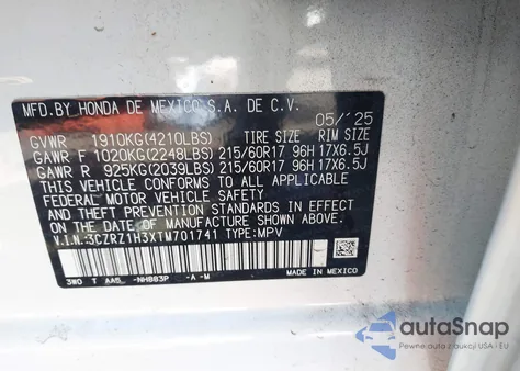 2026 Honda Hr-V 2Wd Lx from USA, damaged, VIN 3CZRZ1H3XTM701741